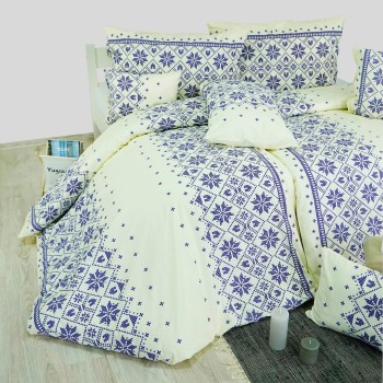 Látka metráž bavlna 100 % delux Etno krémovo-modré