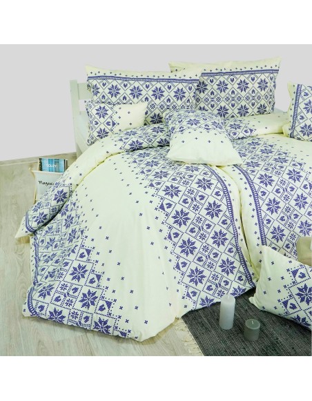 Látka metráž bavlna 100 % delux Etno krémovo-modré